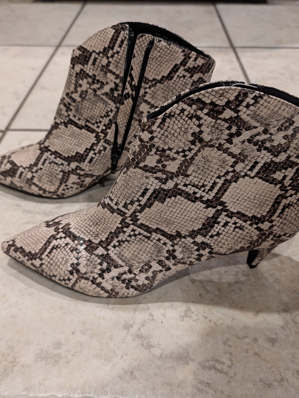 Snake-Print Pointed Toe Ankle Boots in Beige and Black